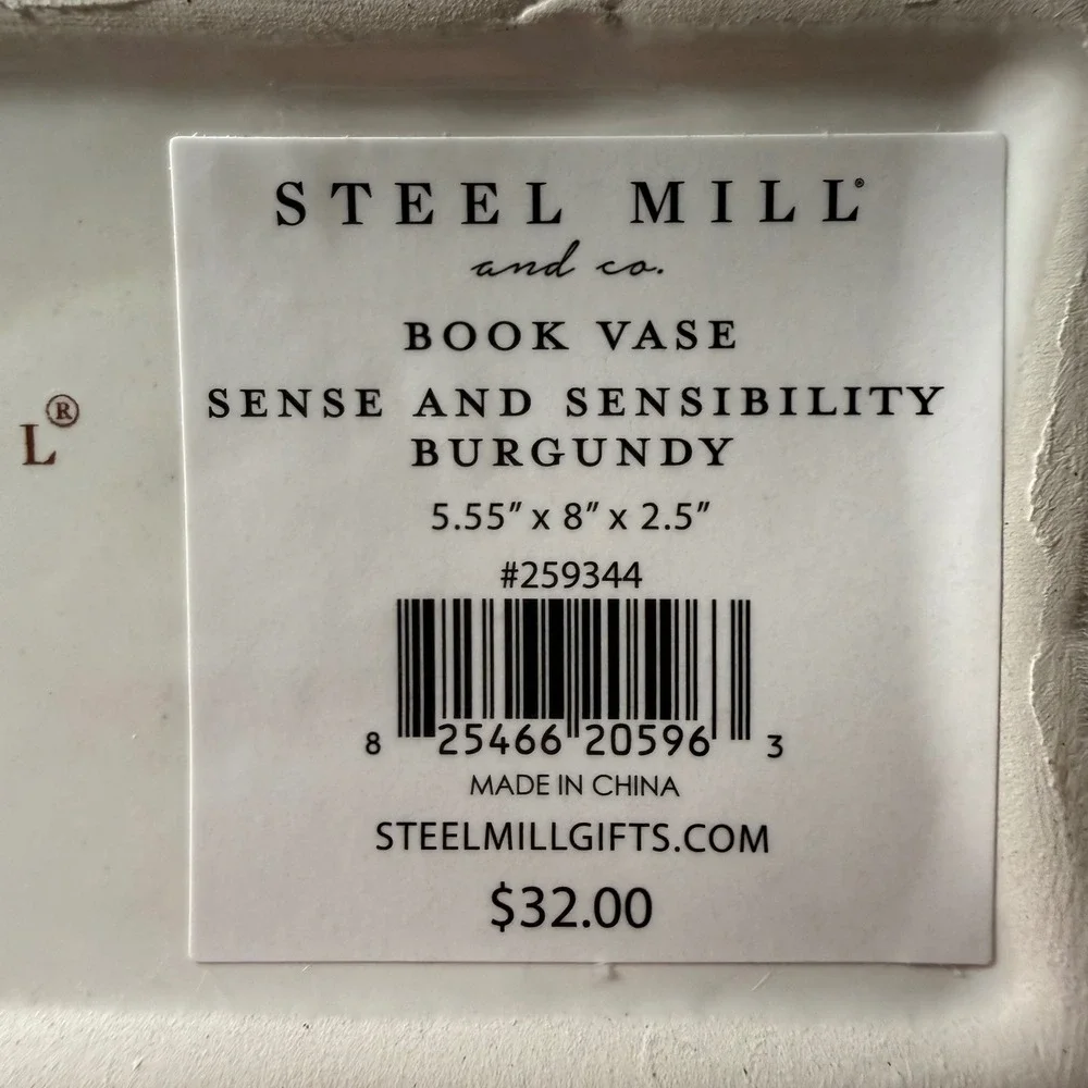 Steel Mill & Co Sense & Sensibility Ceramic Book Vase Burgundy Floral Austen 8in